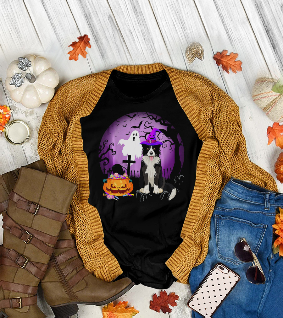 Border Collie Dog Halloween Pumpkin Candy Ghost Moon T-Shirt