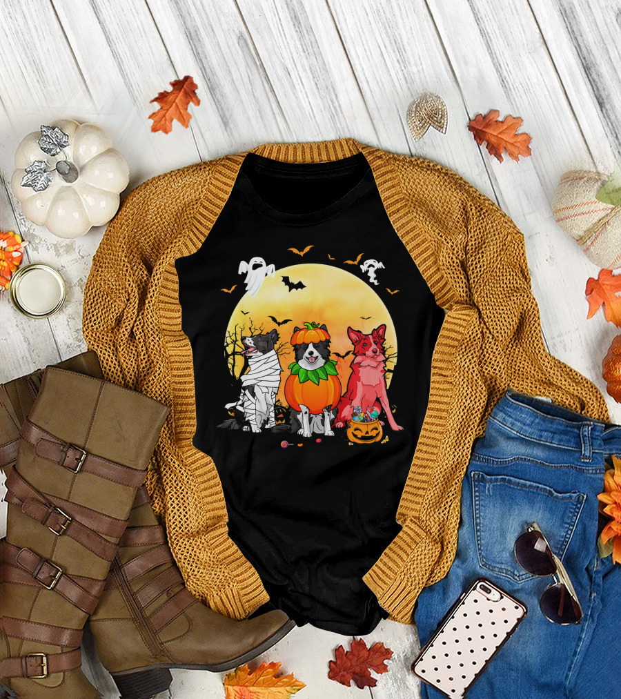 Border Collie Dog Halloween Mummy Pumpkin Devil Scene T-Shirt