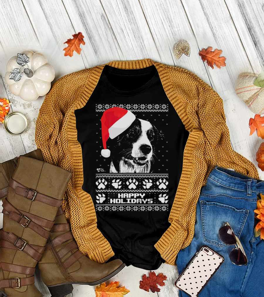 Happy Holidays Border Collie with Santa Hat Cozy Winter Paw Prints T-Shirt