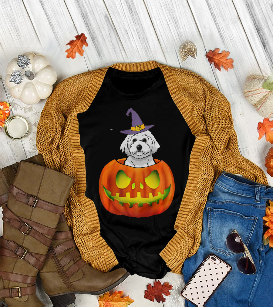 Bichon Frise Funny Halloween Costume in Pumpkin with Witch Hat T-Shirt
