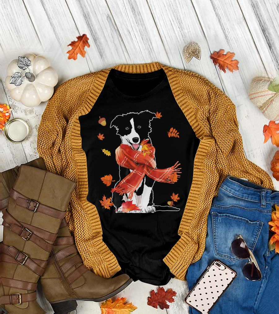Cute Border Collie Dog Autumn Leaves and Scarf T-Shirt