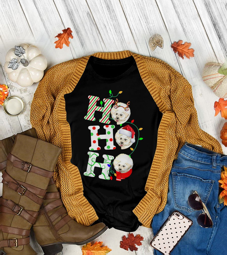 Ho Ho Ho Bichon Frise Santa Hat Christmas Lights T-Shirt