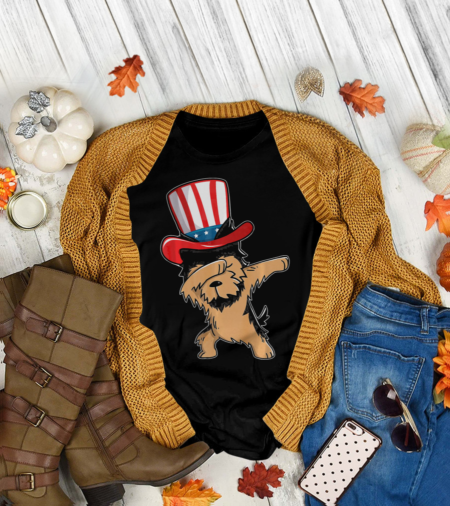 Dabbing Yorkie Dog Uncle Sam Hat American Flag T-Shirt