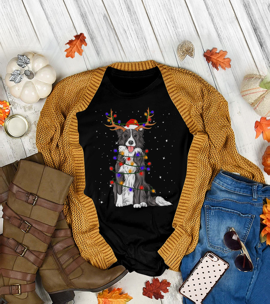 Border Collie Christmas Lights Reindeer Antlers Santa Hat T-Shirt