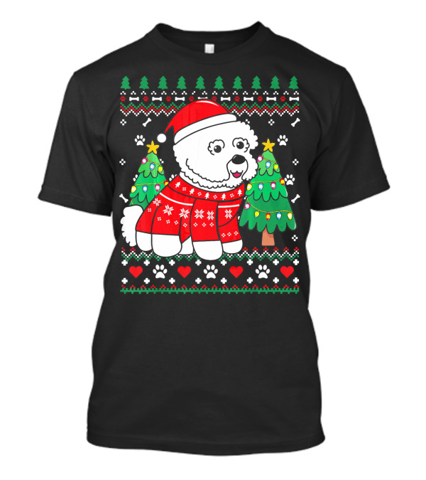 Bichon Frise In Christmas Sweater With Trees And Santa Hat T-Shirt