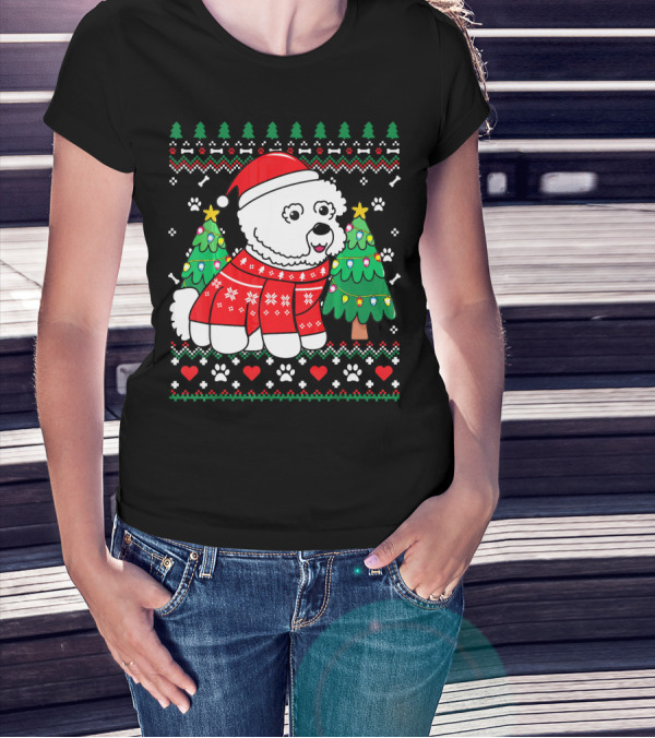 Bichon Frise In Christmas Sweater With Trees And Santa Hat T-Shirt