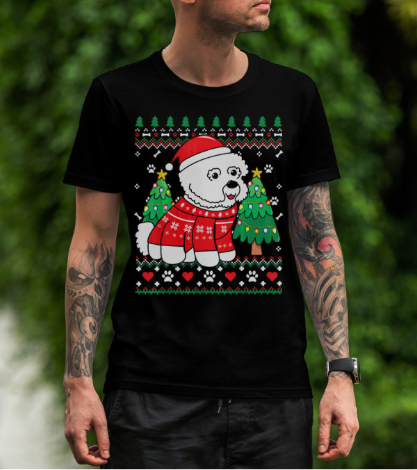 Bichon Frise In Christmas Sweater With Trees And Santa Hat T-Shirt