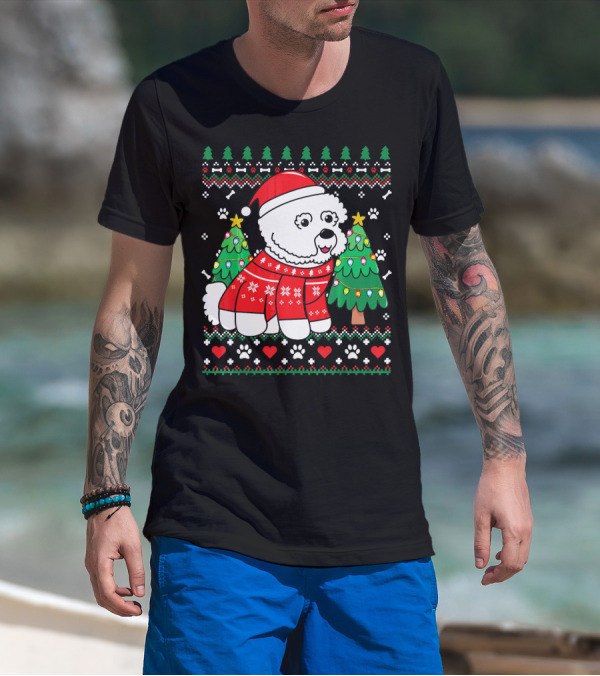Bichon Frise In Christmas Sweater With Trees And Santa Hat T-Shirt