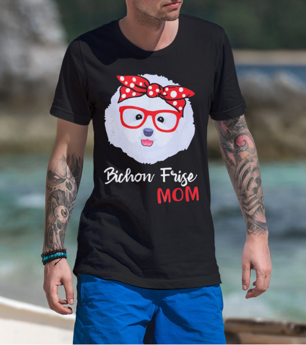 Bichon Frise Mom Red Glasses And Polka Dot Bow For Dog Lovers T-Shirt