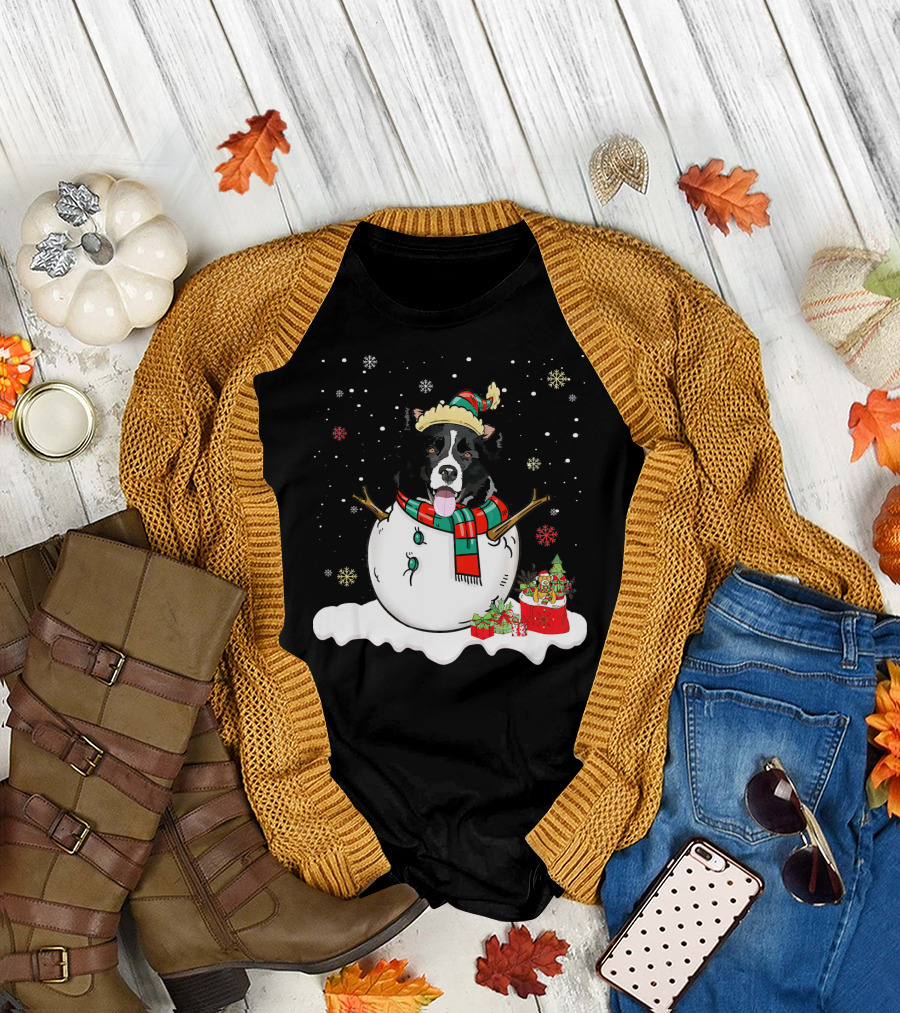 Border Collie Lover Merry Christmas Snowman Scene T-Shirt