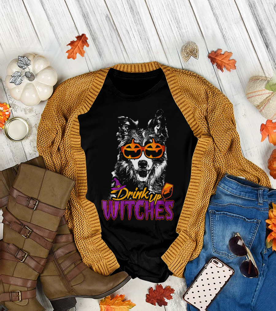 Drink Up Witches Border Collie Halloween Glasses Pumpkin Hat T-Shirt