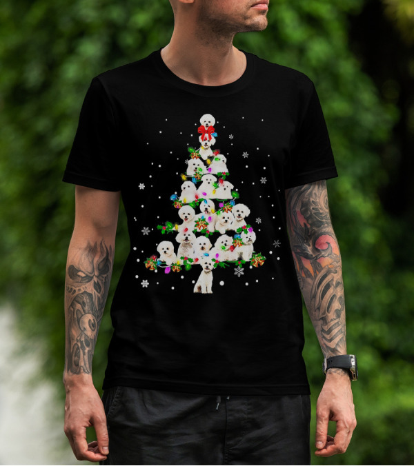 Cute Bichon Frise Dog Holiday Christmas Tree With Snowflakes And Festive Decorations T-Shirt