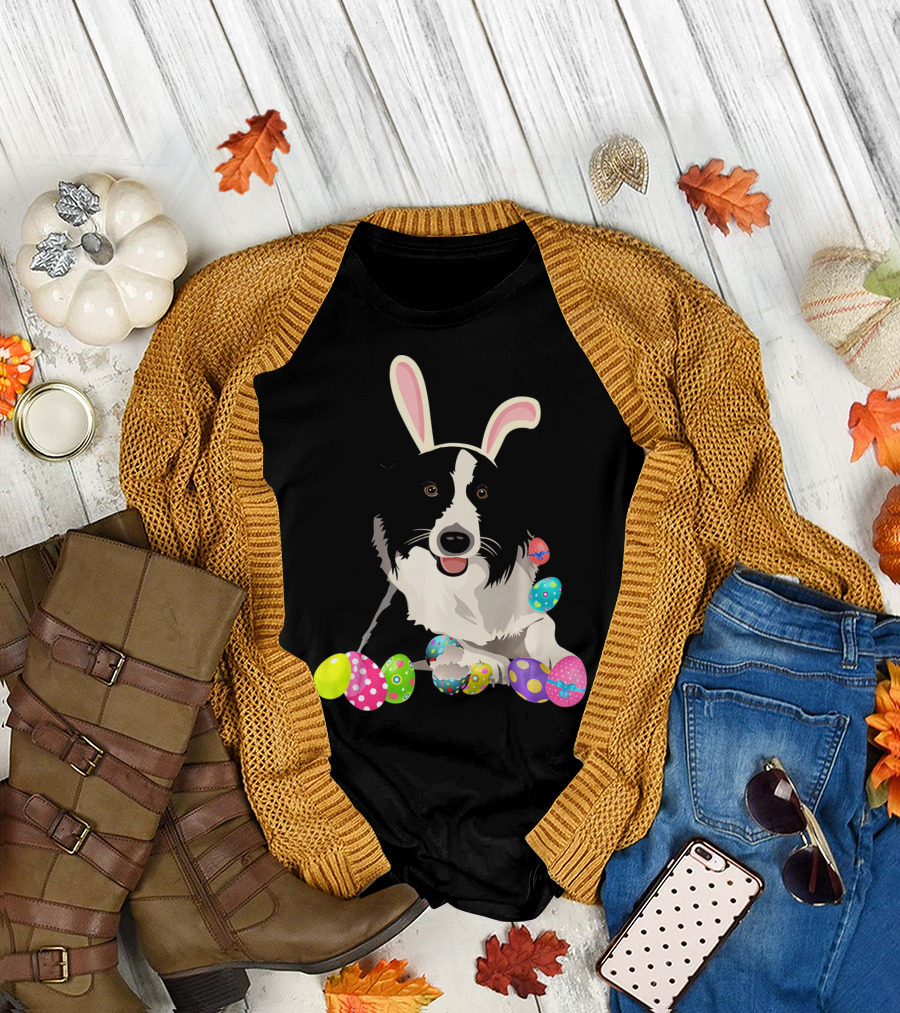 Border Collie Dog with Bunny Rabbit Hat and Easter Eggs T-Shirt