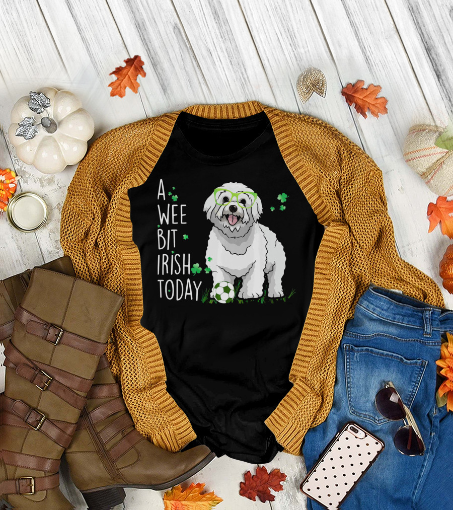 A Wee Bit Irish Today Bichon Frise with Green Glasses and Soccer Ball with Shamrocks T-Shirt