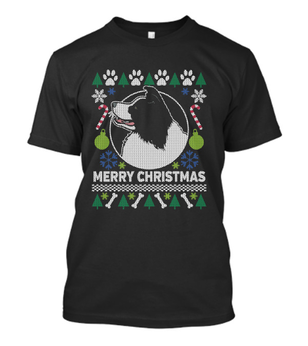 Border Collie Merry Christmas Ugly Sweater Paws Trees Candy Canes T-Shirt