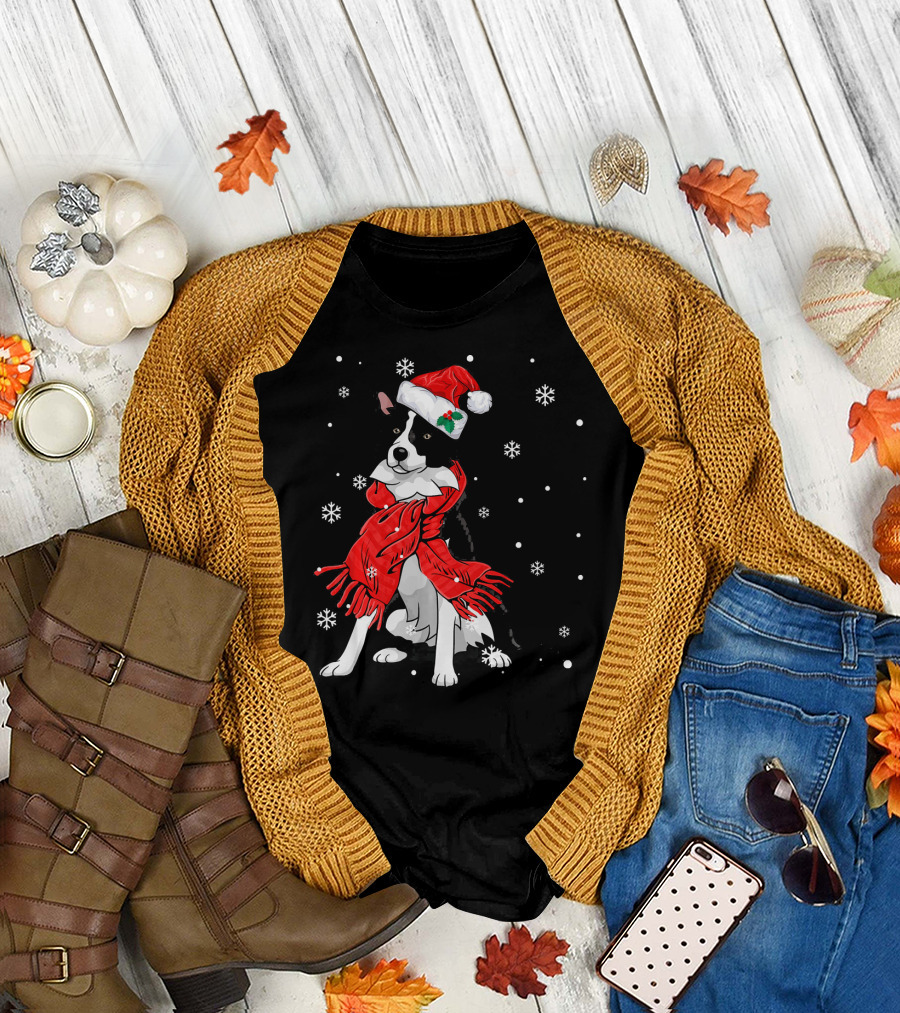 Border Collie Wearing Santa Hat and Red Scarf with Snowflakes T-Shirt