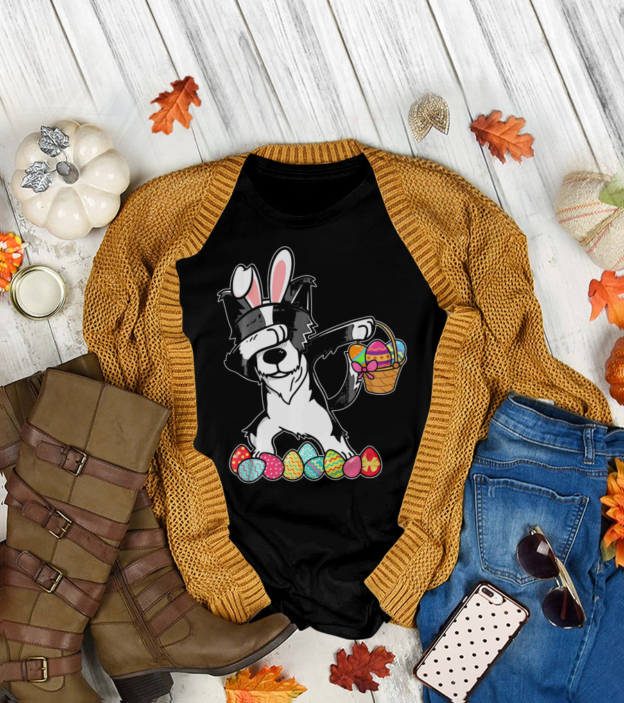 Border Collie Dabbing with Easter Bunny Ears and Egg Basket T-Shirt