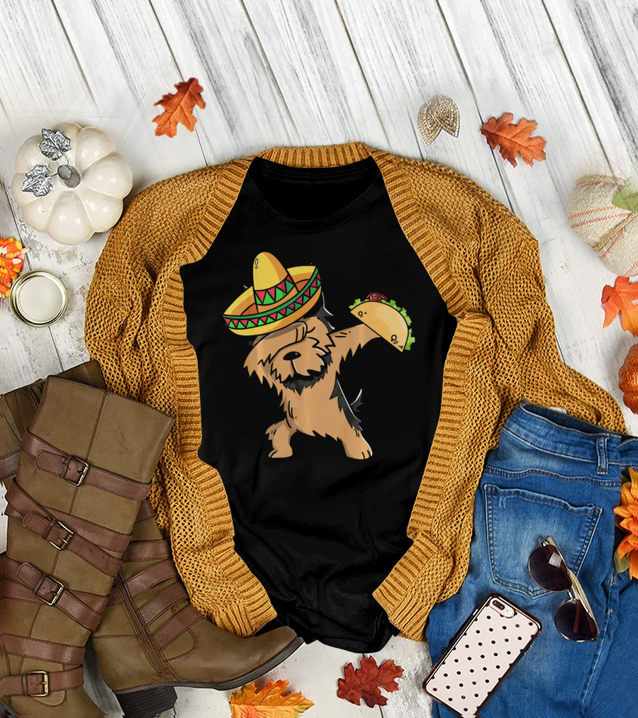 Yorkie Dabbing Sombrero Taco Fiesta Cinco de Mayo T-Shirt