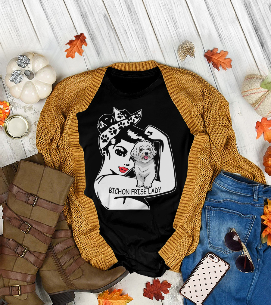 Bichon Frise Lady Rosie the Riveter Paw Prints T-Shirt