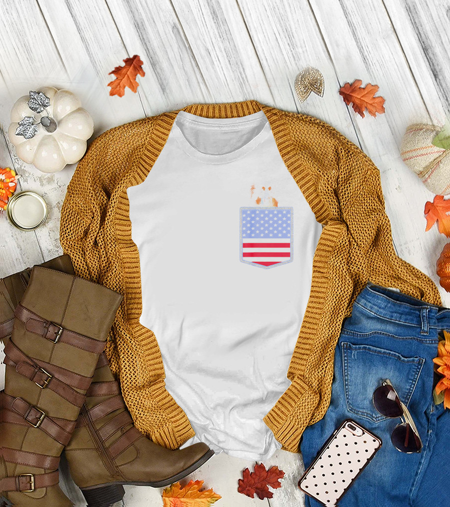 Border Collie Peeking From American Flag Pocket T-Shirt