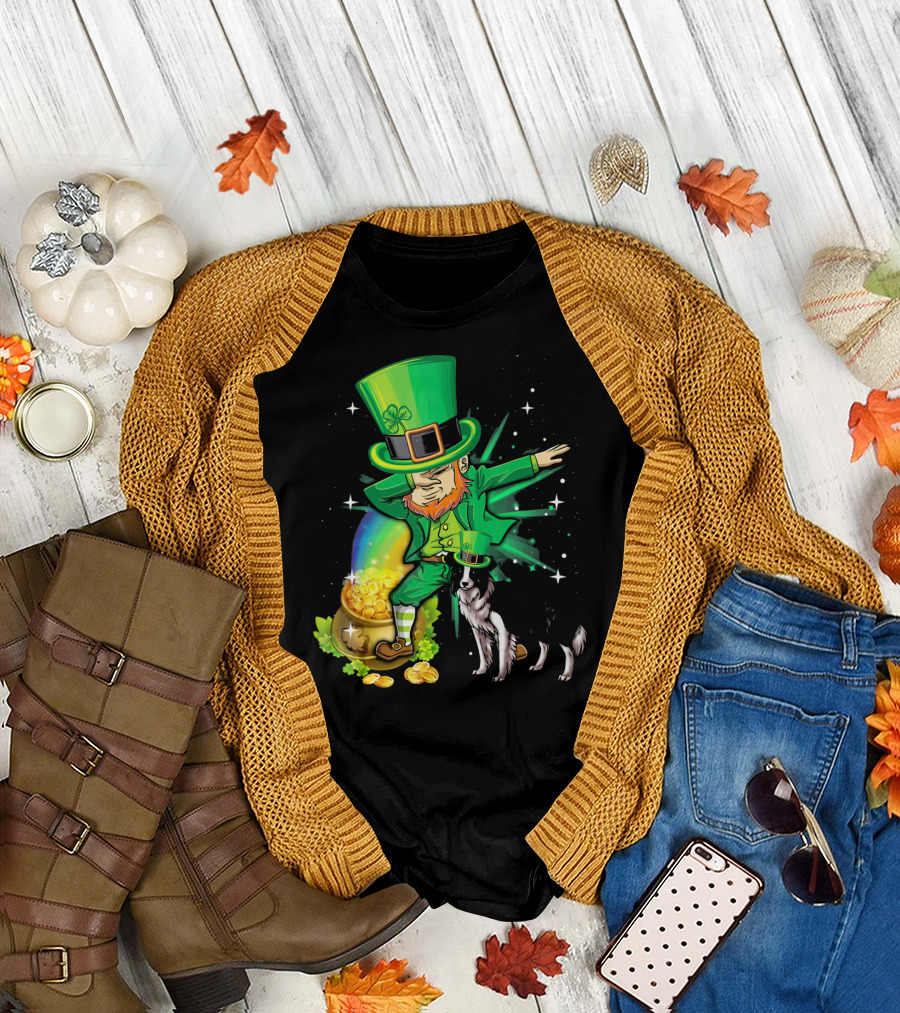 Leprechaun Dabbing with Border Collie and Pot of Gold on St Patricks Day T-Shirt
