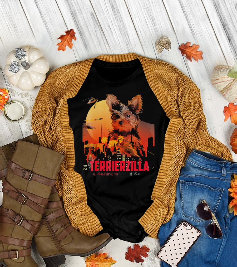 Terrierzilla Yorkshire Terrier Funny Kaiju Cityscape Helicopters T-Shirt