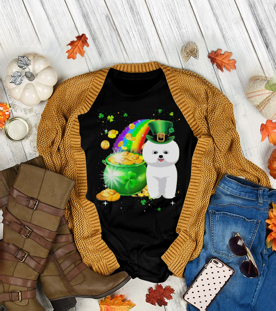 St Patricks Day Bichon Frise Lover Pot of Gold Rainbow Clover Hat T-Shirt