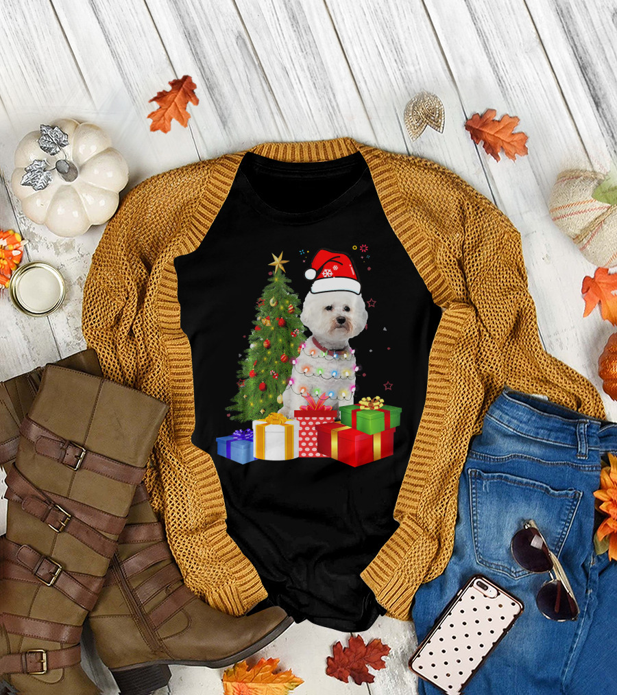 Santa Bichon Frise Christmas Tree with Presents and Lights T-Shirt