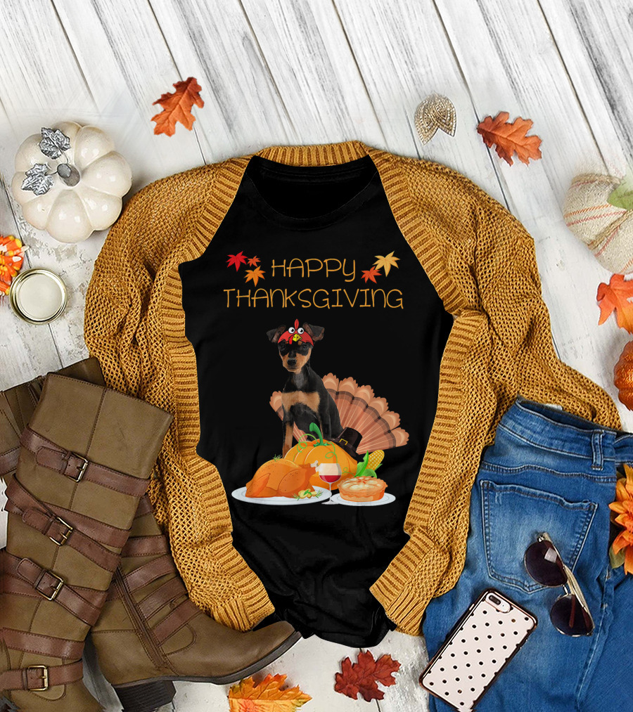 Happy Thanksgiving Miniature Pinscher with Turkey Feast and Autumn Leaves T-Shirt