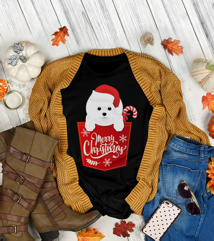 Merry Christmas Funny Bichon Frise Dog Pocket with Santa Hat and Candy Cane Snowflakes T-Shirt
