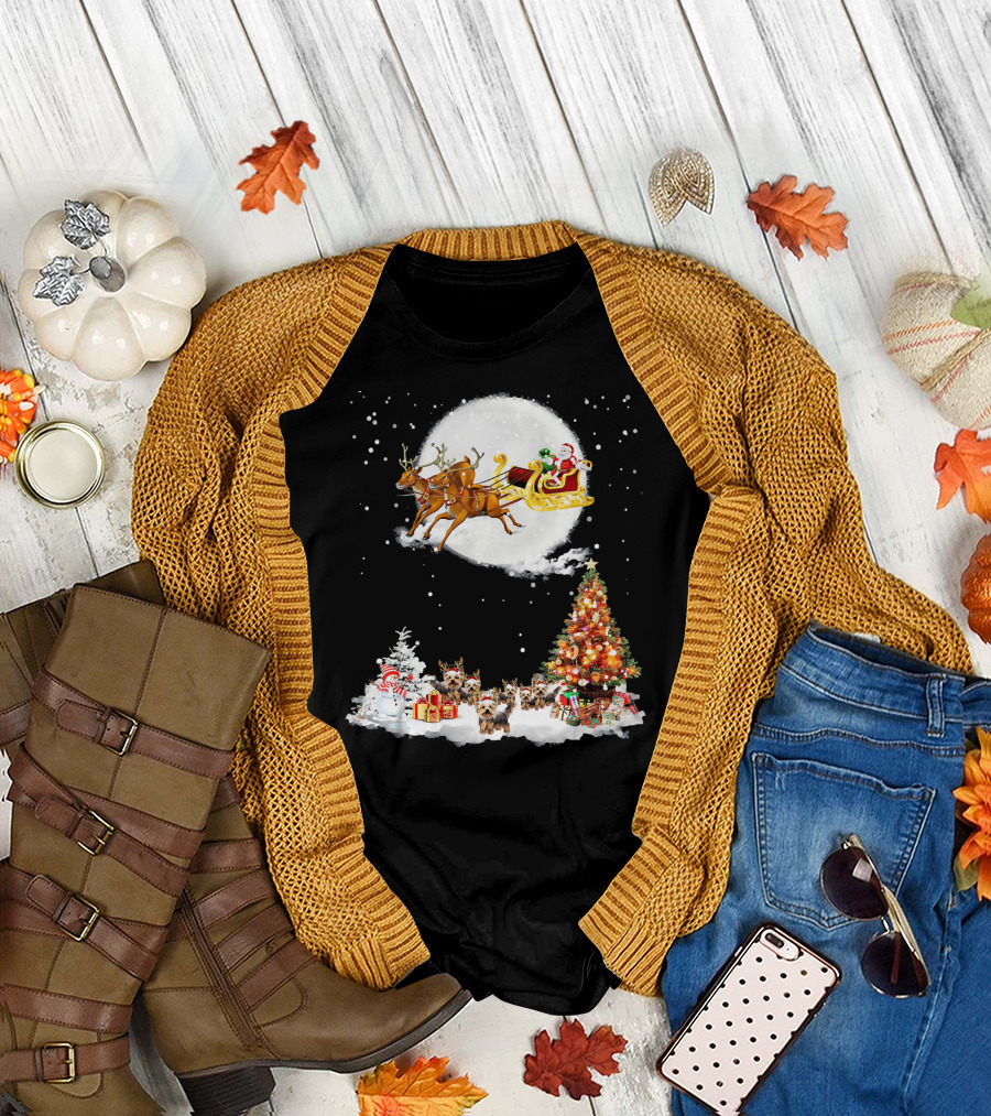 Yorkie Christmas Santa Sleigh Reindeer Xmas Tree Snowman T-Shirt