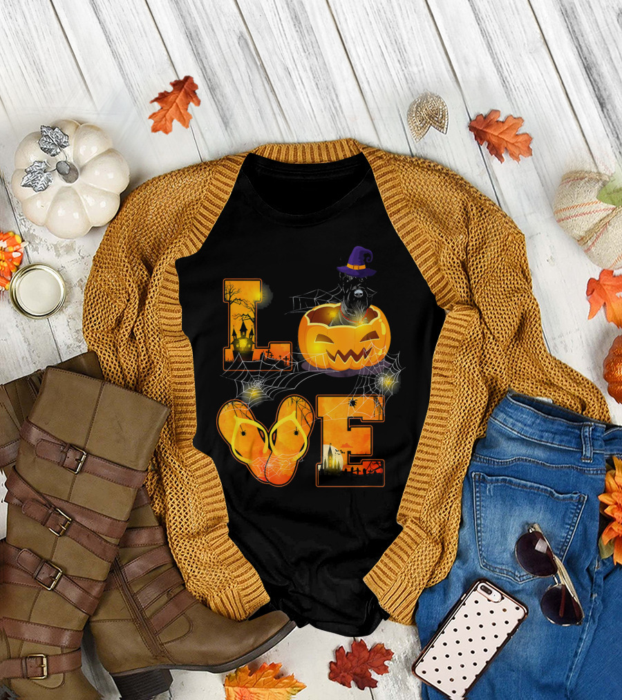 Funny Giant Schnauzer Halloween Love Pumpkin Spider Webs T-Shirt
