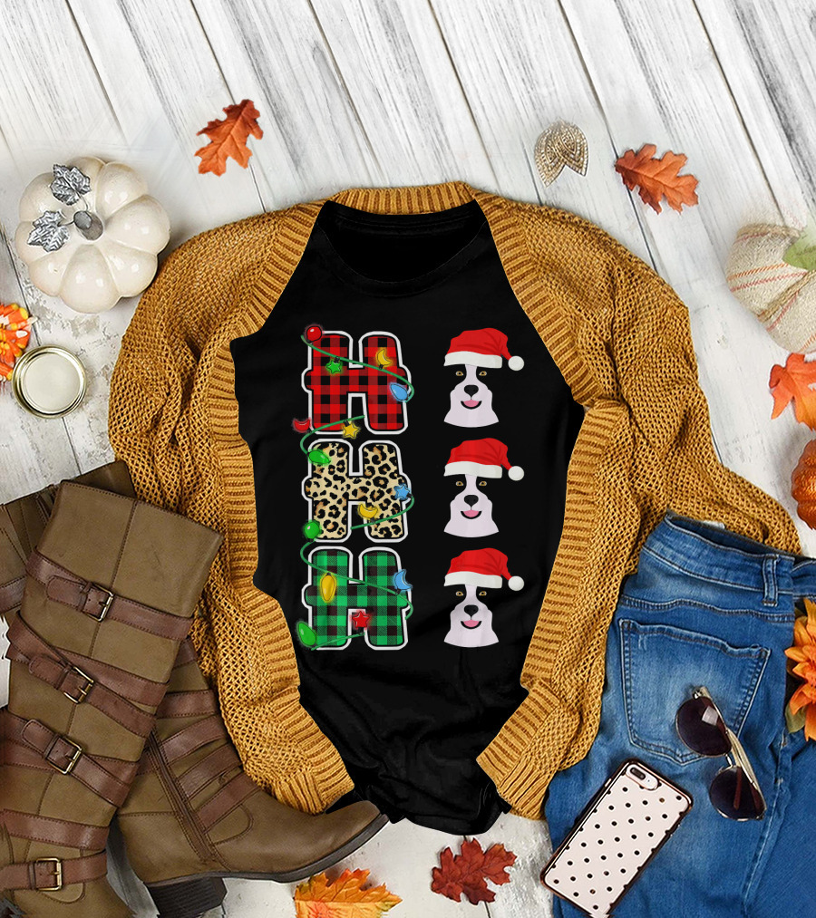 HO HO HO Plaid Leopard Santa Hat Border Collie Christmas Lights T-Shirt