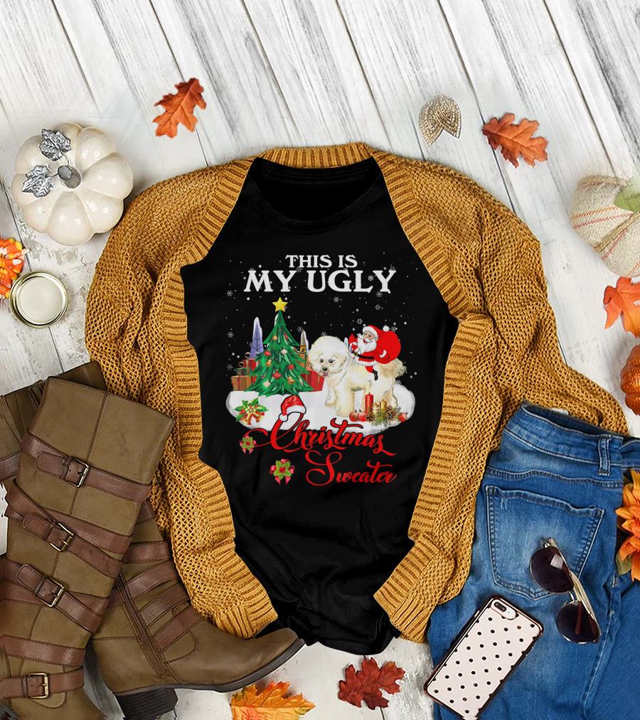 This Is My Ugly Christmas Sweater Santa Riding Bichon Frise T-Shirt