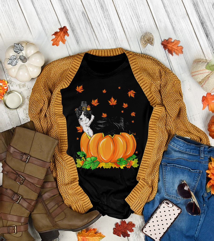 Thanksgiving Border Collie in Pilgrim Hat with Pumpkins and Autumn Leaves T-Shirt
