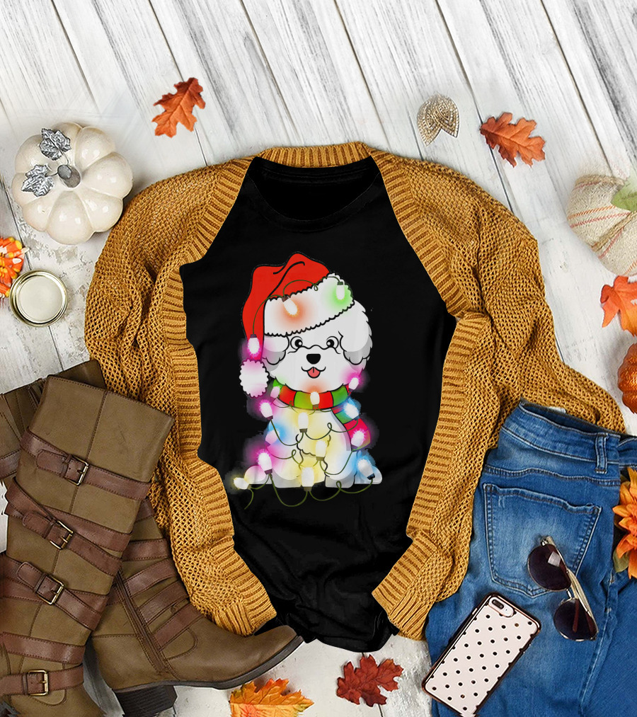 Bichon Frise Santa Hat Wrapped in Christmas Lights T-Shirt