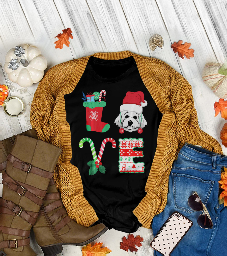 Love My Bichon Frise Christmas Dog Festive Stocking Santa Hat Candy Canes Holiday T-Shirt