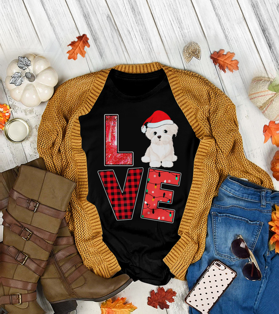 LOVE Christmas Bichon Frise Santa Hat Lights Plaid T-Shirt