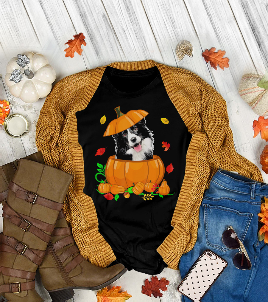 Pumpkin Border Collie Funny Border Collie Autumn Leaves T-Shirt
