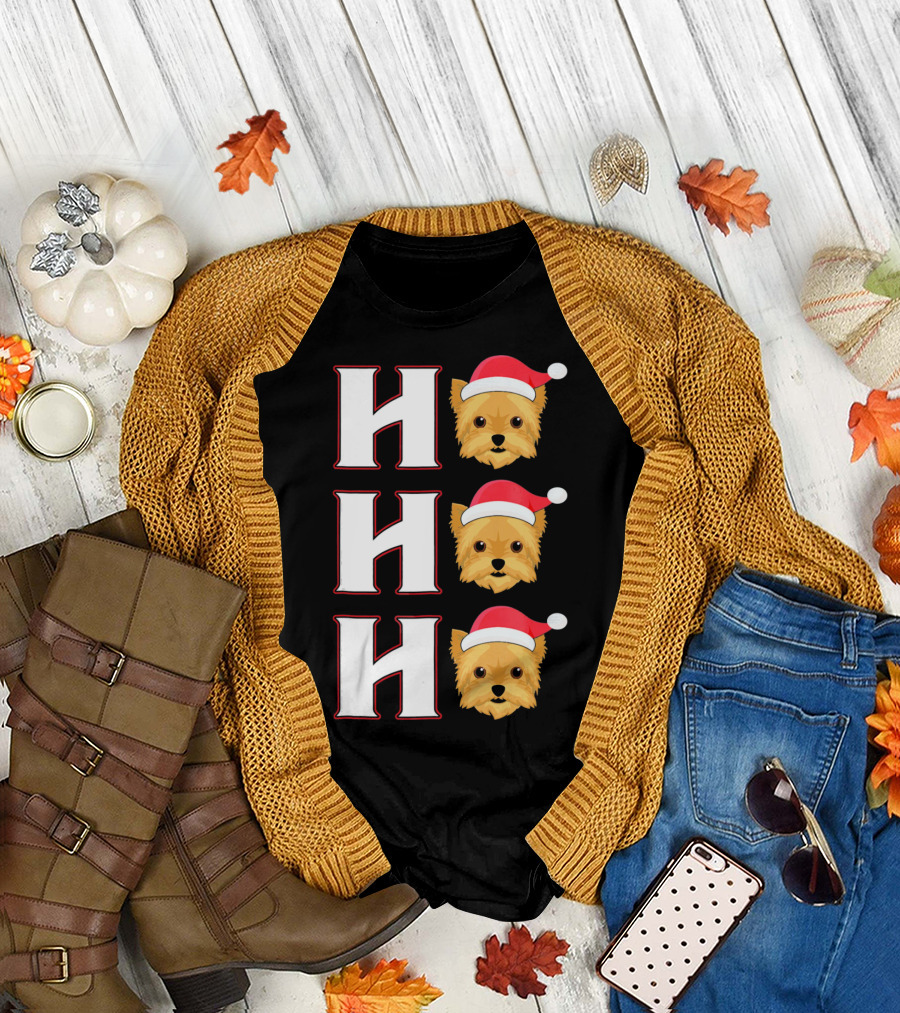 Ho Ho Ho Santa Hat Funny Yorkie Christmas Dog Holiday T-Shirt