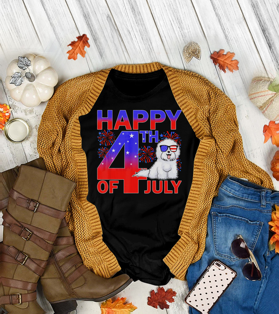 Happy 4th of July Bichon Frise Dog with Fireworks and Patriotic Sunglasses T-Shirt