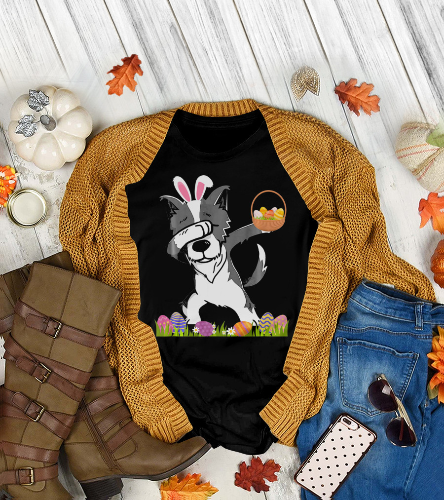 Funny Border Collie Dabbing Bunny Ears Basket Easter Eggs T-Shirt
