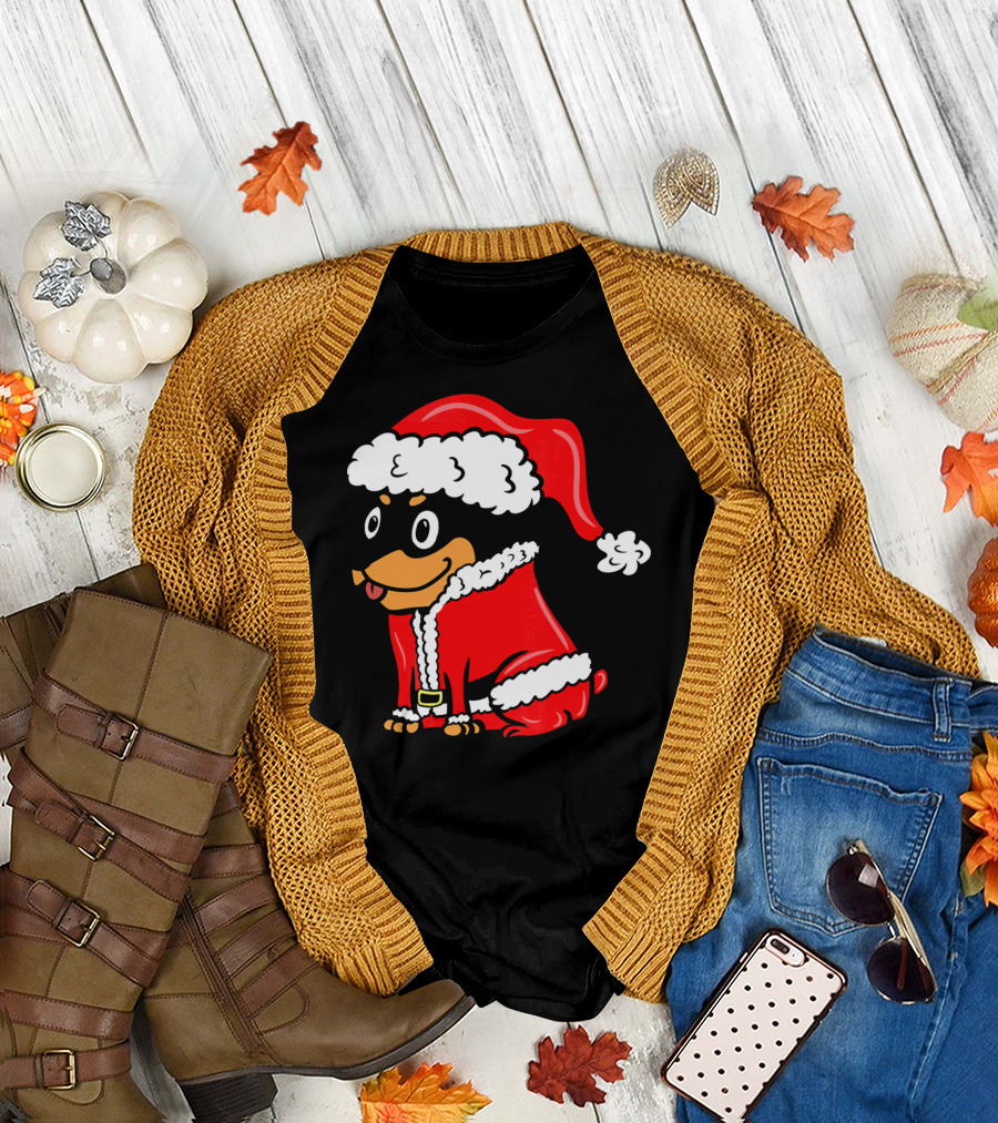 Miniature Pinscher Dressed as Santa Claus in Festive Red T-Shirt