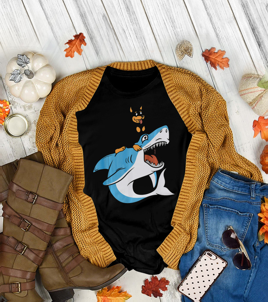 Miniature Pinscher Riding Shark Cartoon T-Shirt
