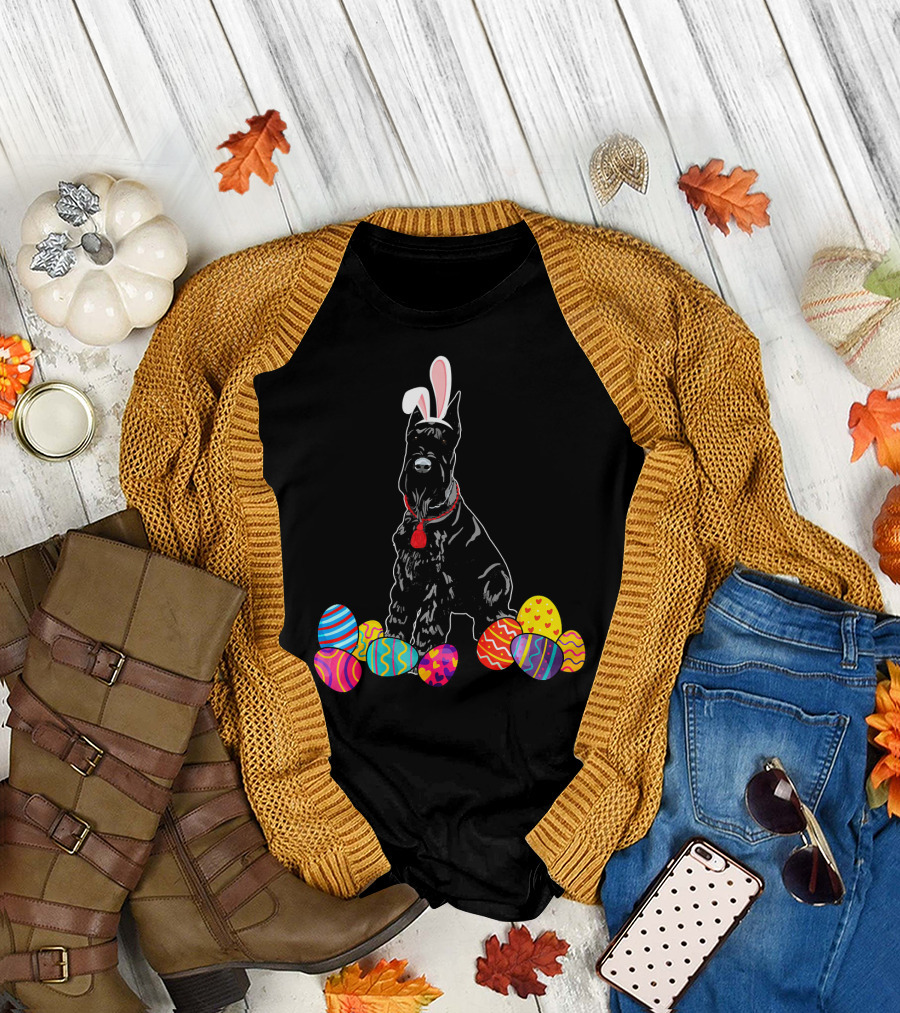 Giant Schnauzer with Bunny Ears and Colorful Easter Eggs T-Shirt