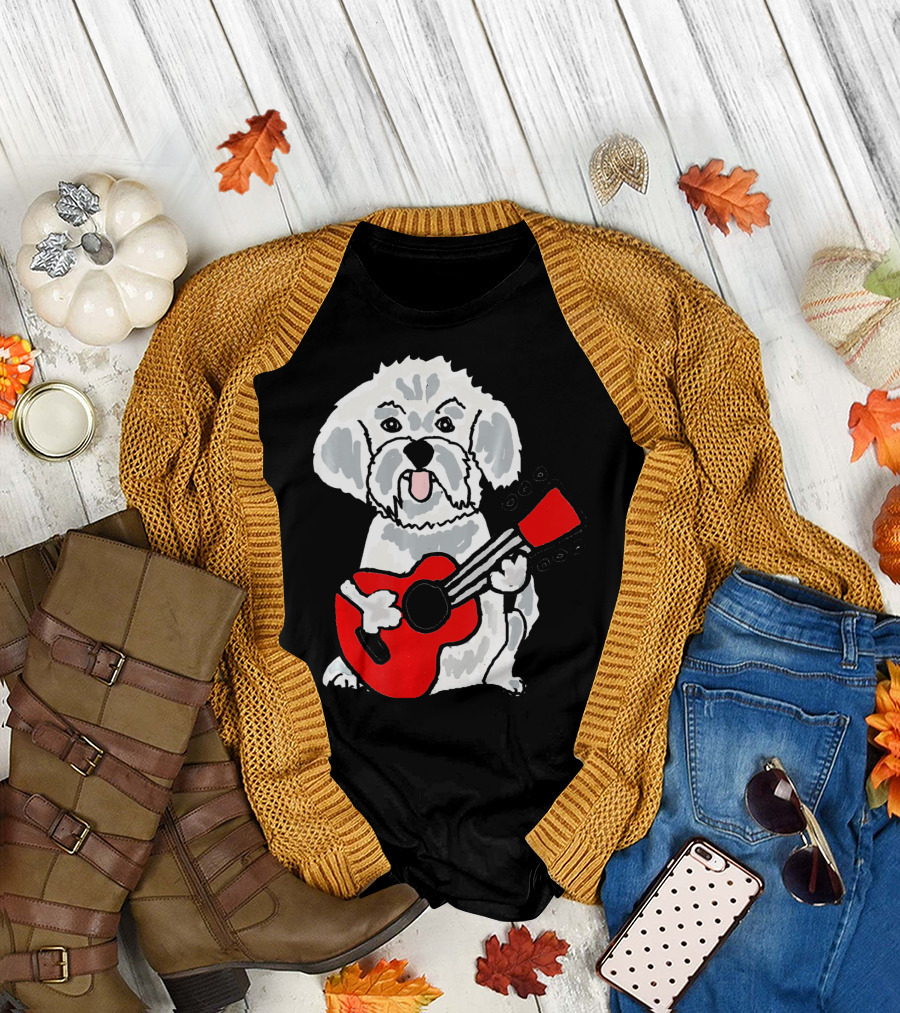 Smiletodaytees Funny Bichon Frise Dog Playing Red Guitar T-Shirt