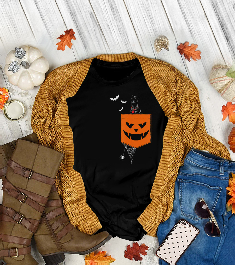 Giant Schnauzer Halloween Pocket with Bats and Spiderweb T-Shirt