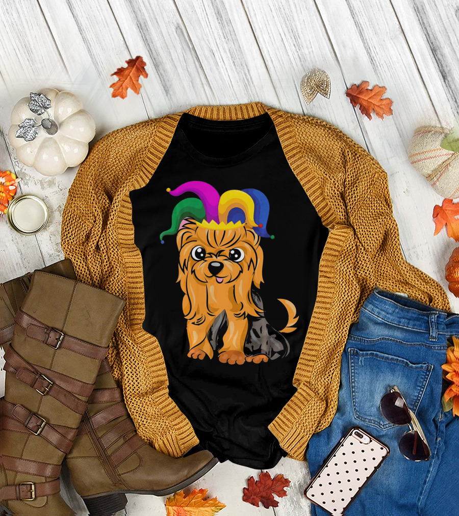 Yorkshire Terrier Wearing Colorful Jester Hat for Mardi Gras T-Shirt