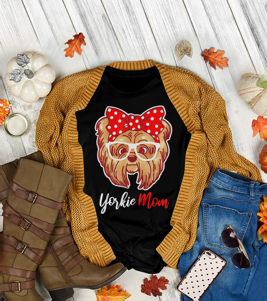 Yorkie Mom Yorkshire Terrier with Red Polka Dot Bow and White Glasses T-Shirt