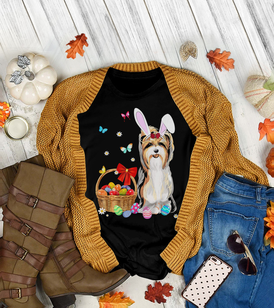 Yorkshire Terrier Bunny Ear Rabbit Easter Basket Eggs Butterflies Daisies T-Shirt